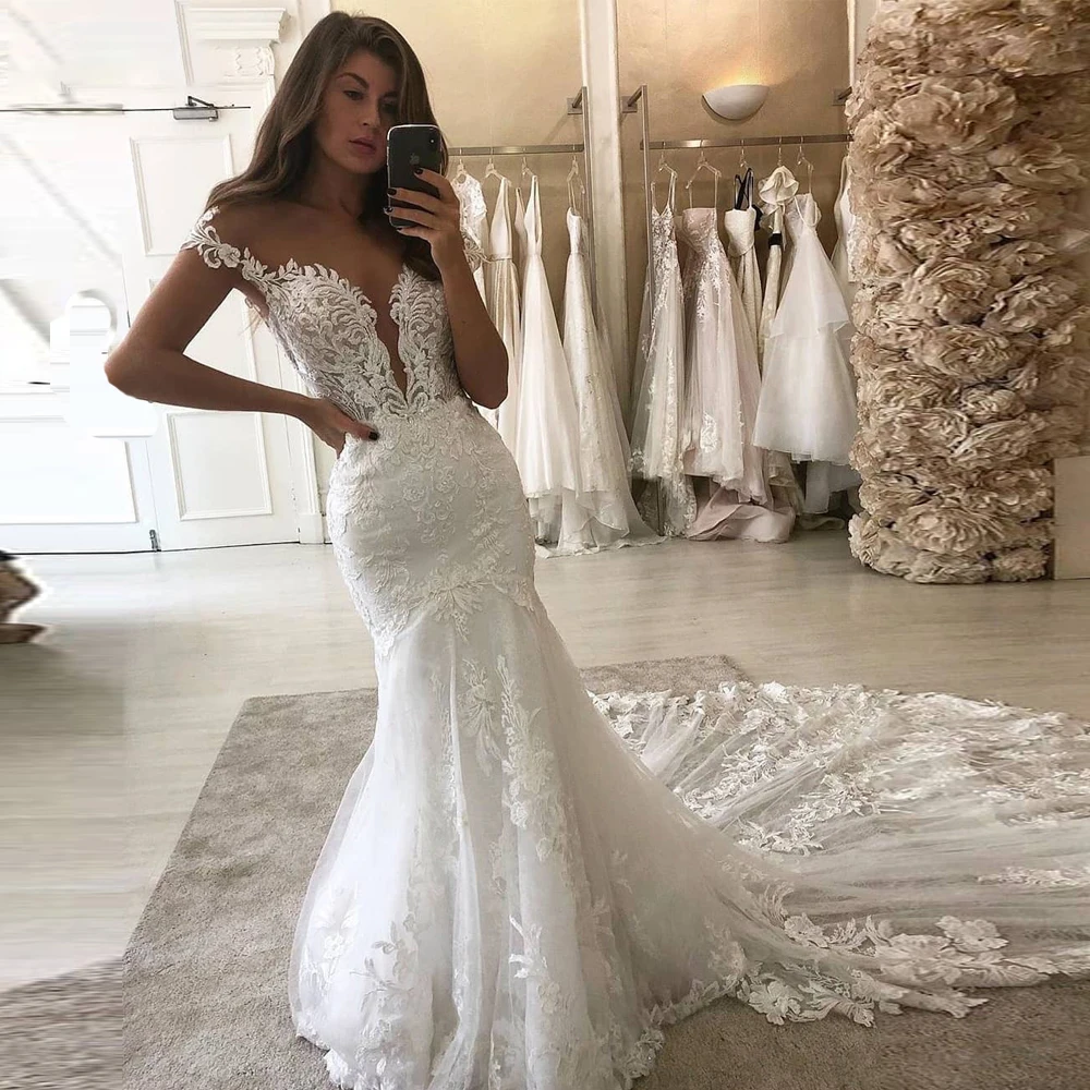 

AIXISI Spaghetti Straps Wedding Dresses Mermaid Deep V-Neck Appliques Lace Luxury Vestidos De Novia Illusion Robe de mariee