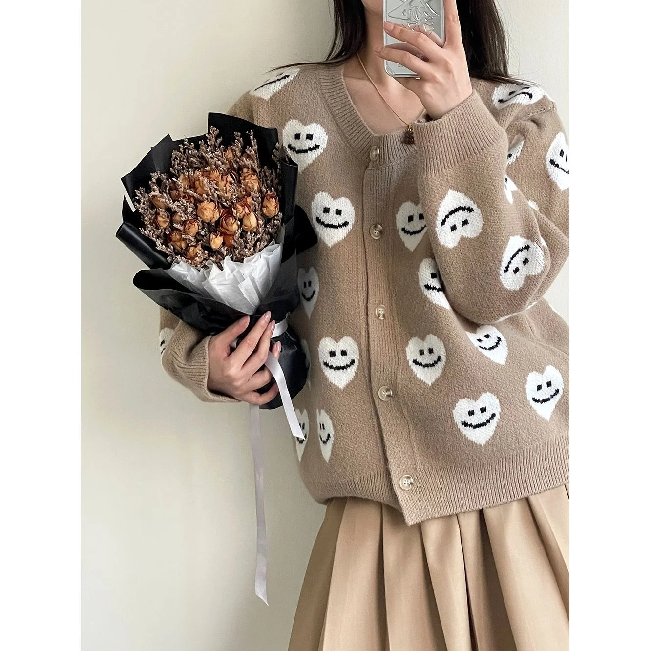 

Women's Love Smile Graphic Button Up Knit Cardigan Casual Kawaii V Neck Long Sleeve Sweater Coat