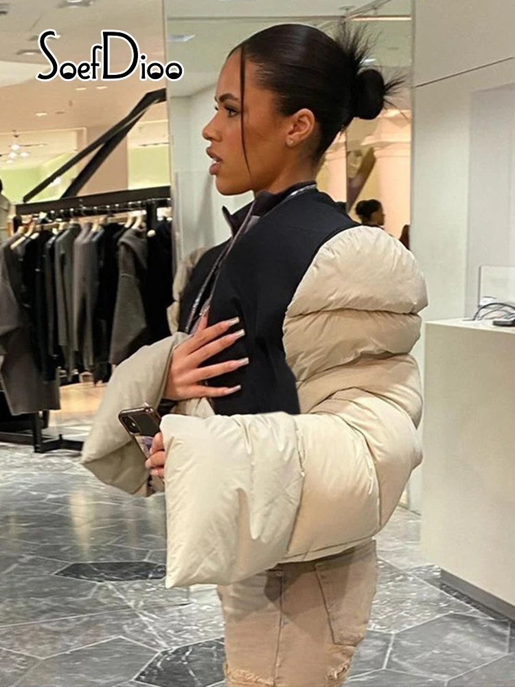 Soefdioo утепленная укороченная куртка контрастных цветов зимняя одежда женская с