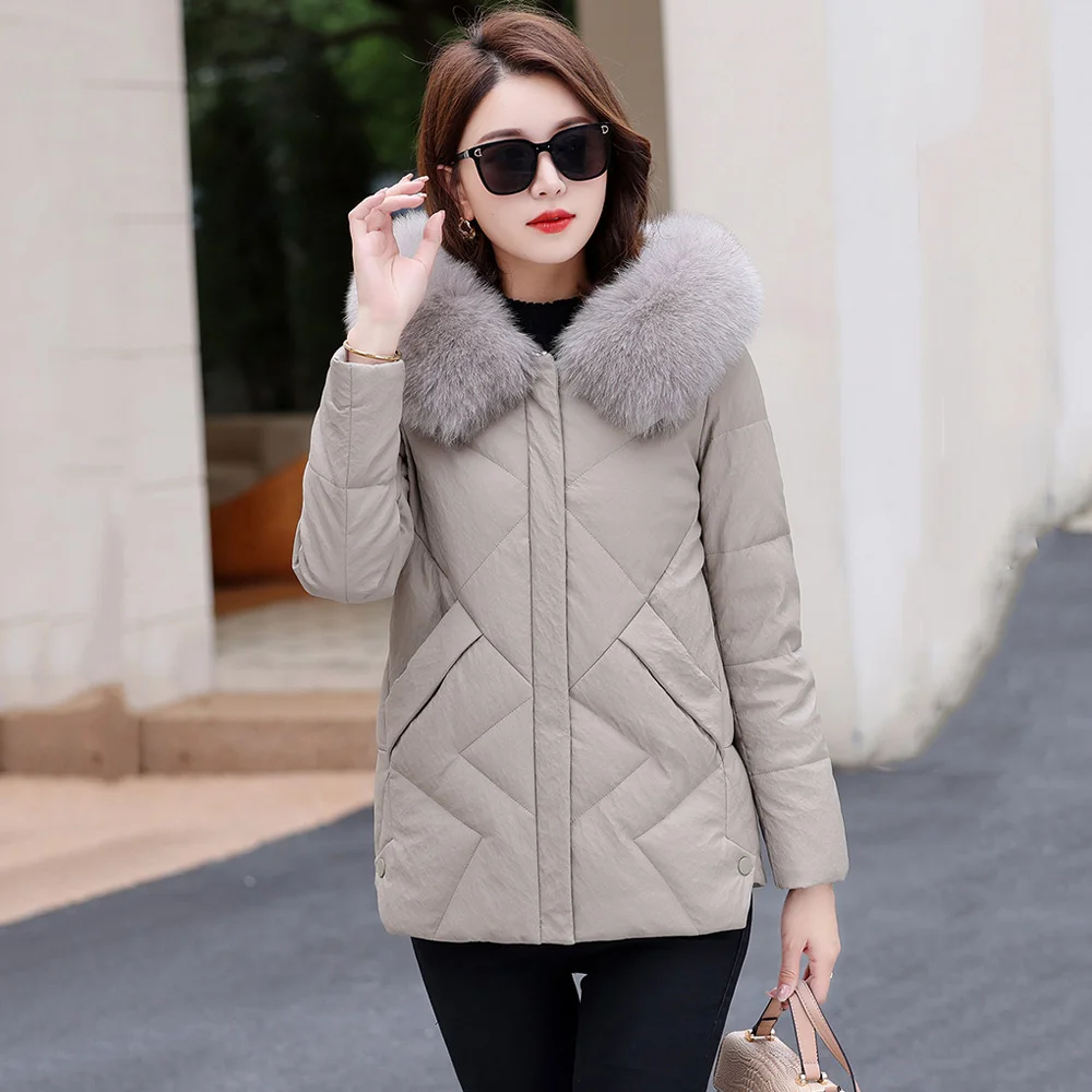 New Women Sheep Leather Down Jacket Winter Fashion Warm Hooded Real Fox Fur Collar Loose Leather Coat Casual Thicken Outerwear