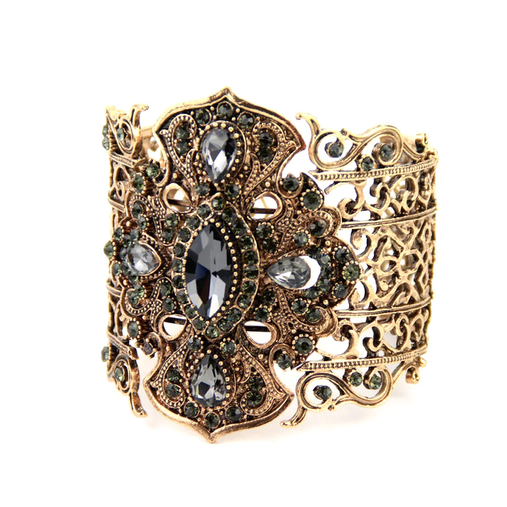 Sunspicems Vintage Turkey Bangle Bracelet Big Women Cuff Bracelet Retro Gold Color Gray Crystal Bohemia Wedding Jewelry Gift