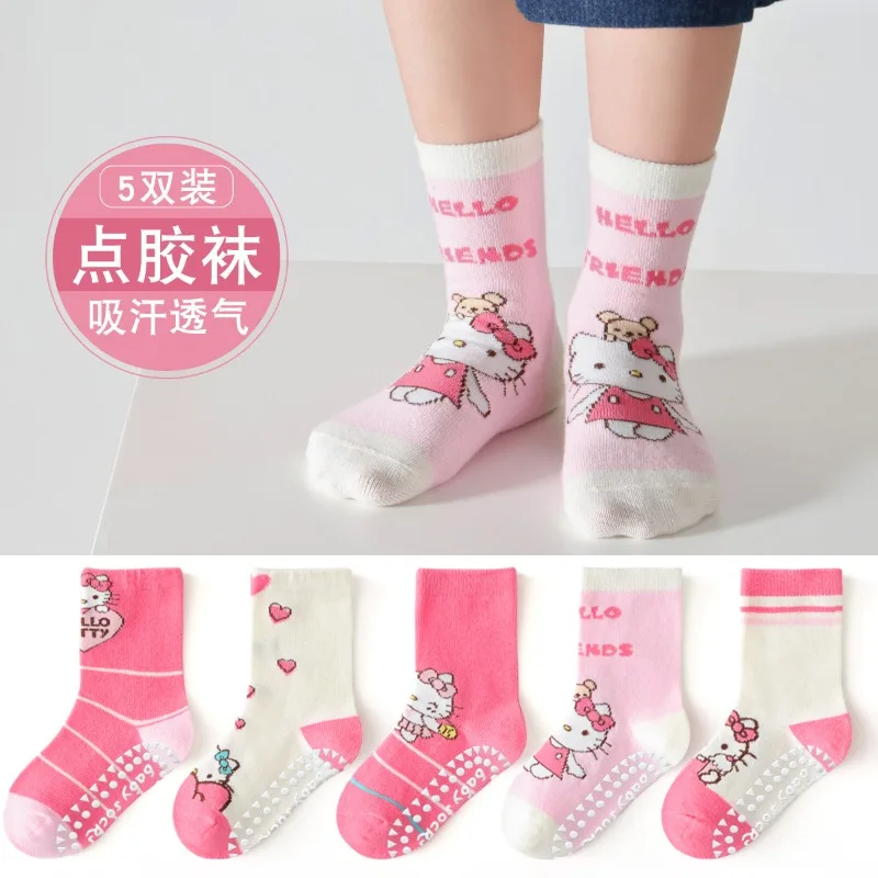 5 Pairs Sanrio Hello Kitty Kids Non-slip Socks Kuromi New Fall Winter Cartoon Children Mid-calf Cotton Sock for Girls Boys