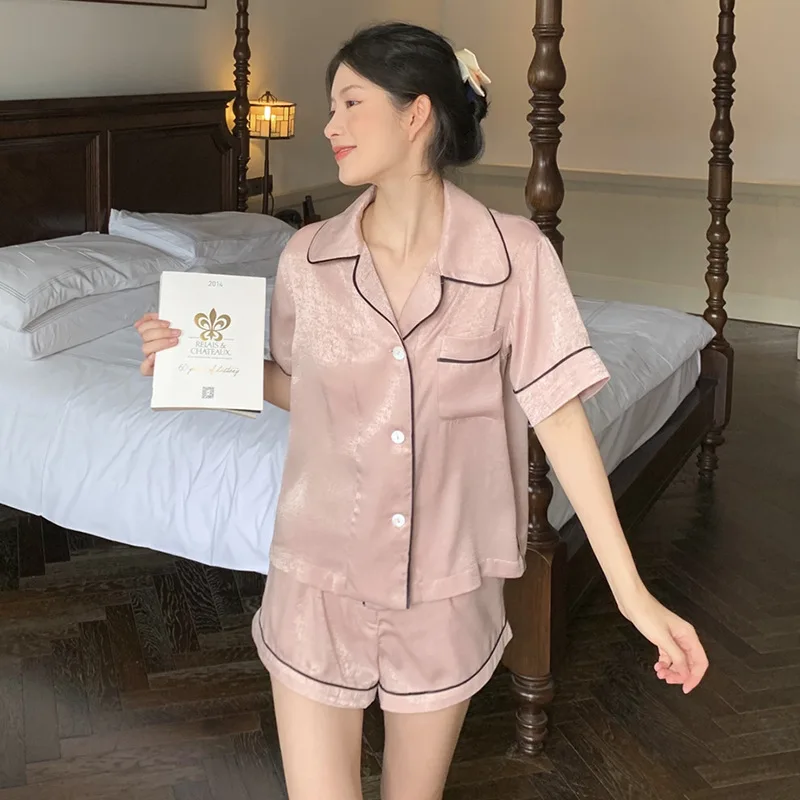 Ice Silk Pajamas Women's Short-Sleeved Shorts Lapel Cardigan Artificial Silk Home Wear Suit Large Size Women's Pajamas Suit