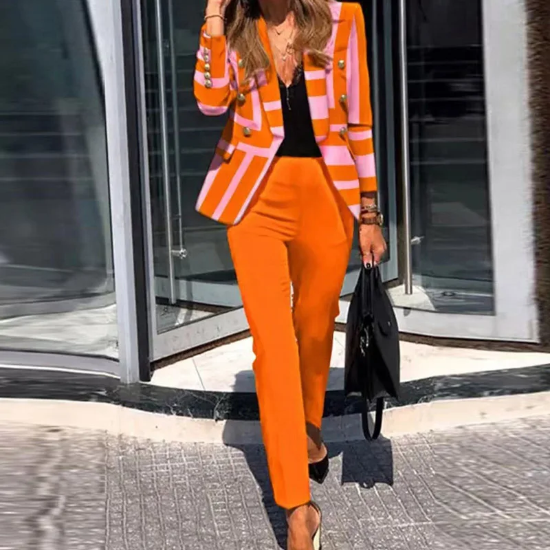 

Elegant Lapel Button Blazer & Long Pants Outfits Women Fashion Print Patchwork Slim Suit Office Casual Long Sleeve Two Piece Set