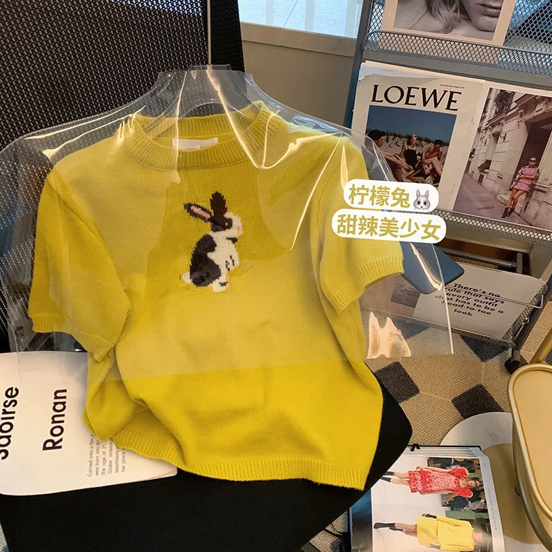 

OMCHION Yellow Little Rabbit Jacquard Sweater Women's Top 2022 Spring And Summer New Style Korean Chic Elehgant Preppy Tops