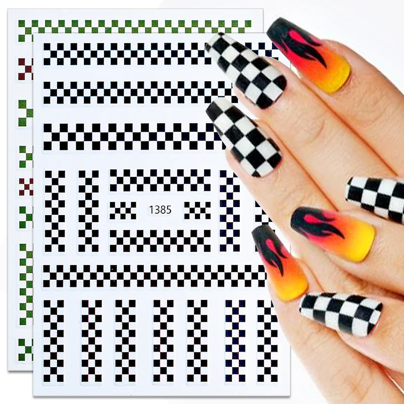 

Checkerboard Nail Stickers Black White Geometry Plaid Stripe Pattern Nail Decals Self-Adhesive Square Grids Nail Decorations