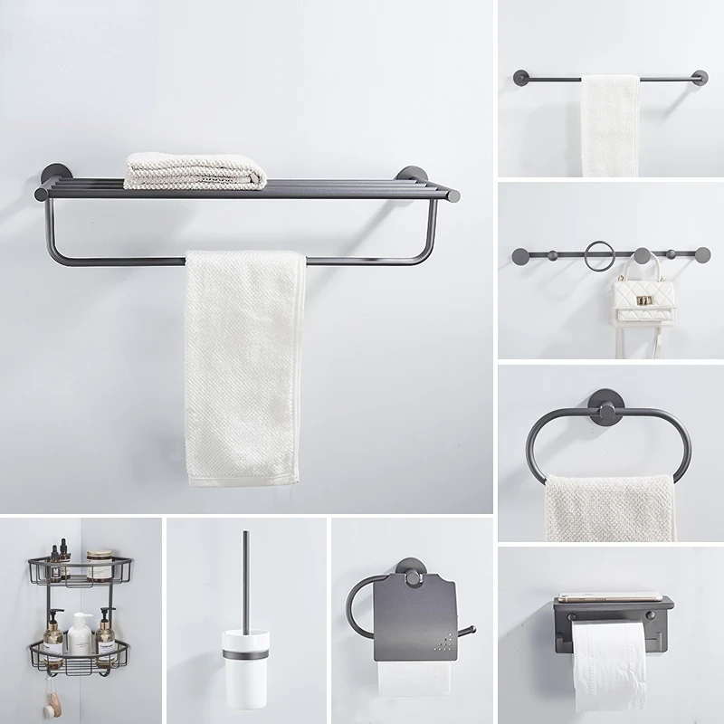 

Bathroom pendant set shelves bath accessories set Nordic gun gray Towel rack Paper towel holder coat hooks toilet brush