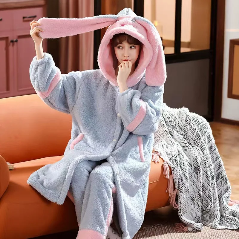Flannel Pajamas Set 2PCS Warm Winter Women Robes Suits Sleepwear Thick Coral Fleece Hooded Plus Size Homewear Loose Pyjamas