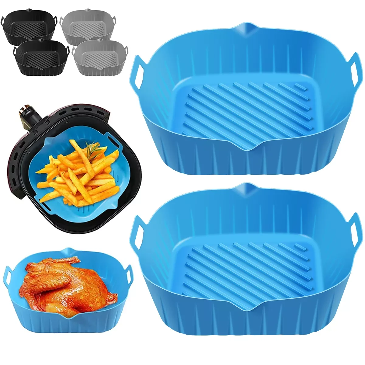 

AirFryer Silicone Pot Square Air Fryers Oven Baking Tray Bread Fried Chicken Pizza Basket Mat Replacemen Grill Pan Accessories