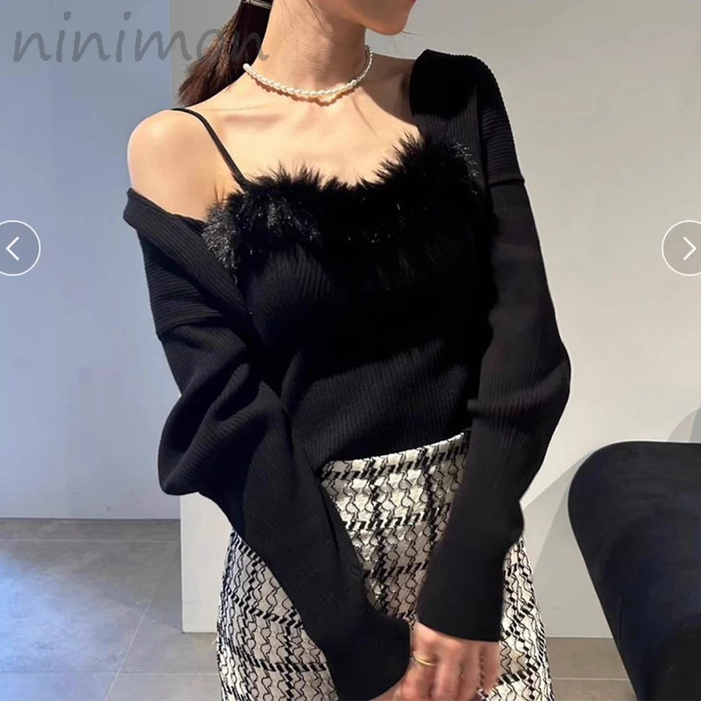 

NINIMON Knit Tops Sweet Furry Camisole Vest Short Knitted Cardigan Two Piece Set Knitted Vests with Bra Pads Short Knitwear