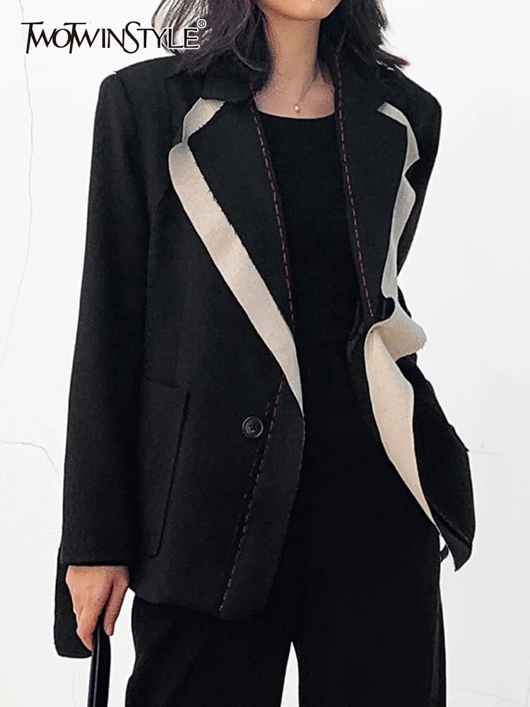 

TWOTWINSTYLE Patchwork Colorblock Blazer For Women Notched Collar Long Sleeve Loose Blazers Female Fashion Clothing Spring New