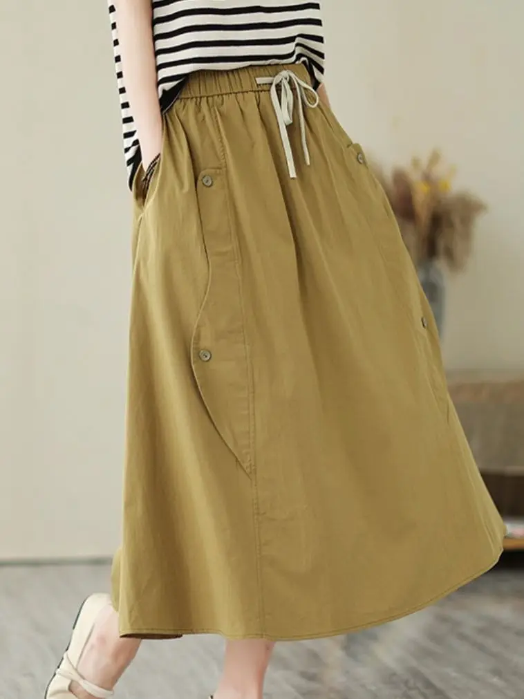 

Юбка-трапеция Женская хлопковая средней длины, модная разноцветная свободная Универсальная юбка-трапеция в литературном стиле, с завышенной талией, лето 2023