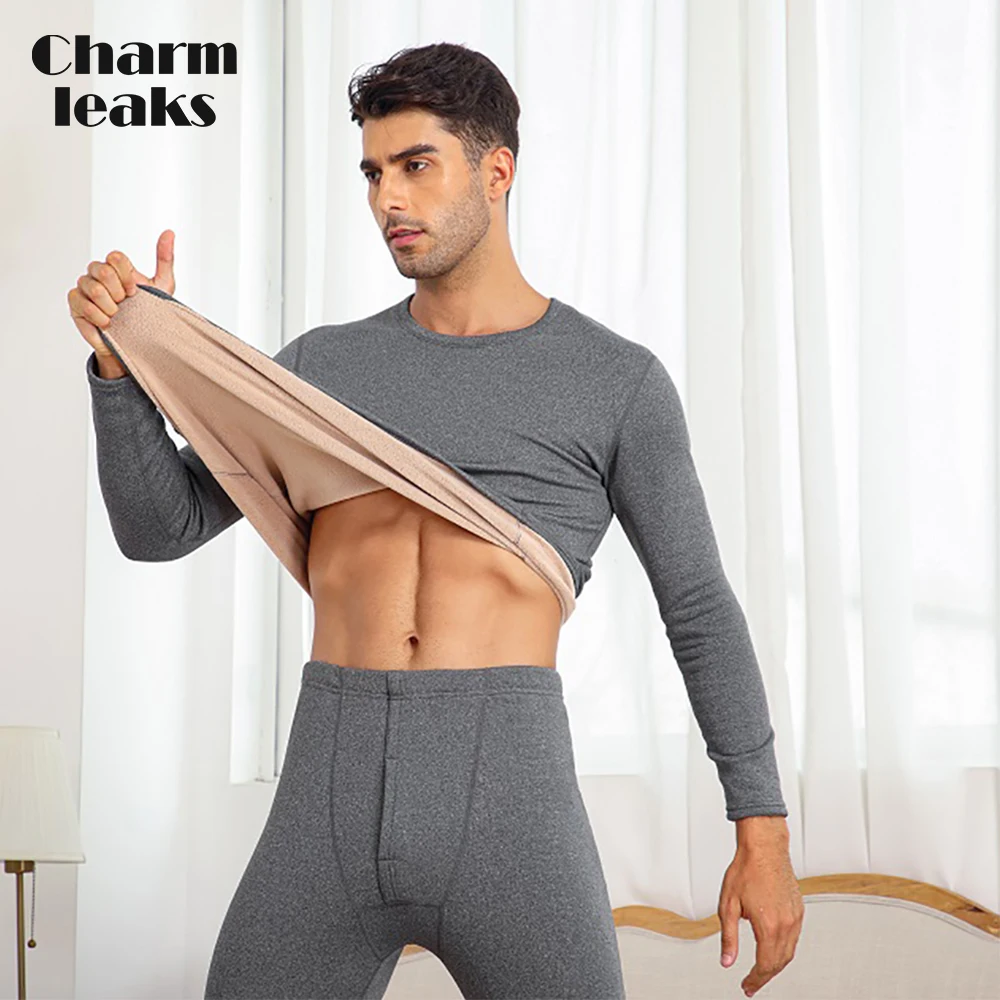 

Charmleaks Men Thermal Underwear Suit Warm Crew Neck Undershirt Mid-waist Soft Leggings Top+Pant