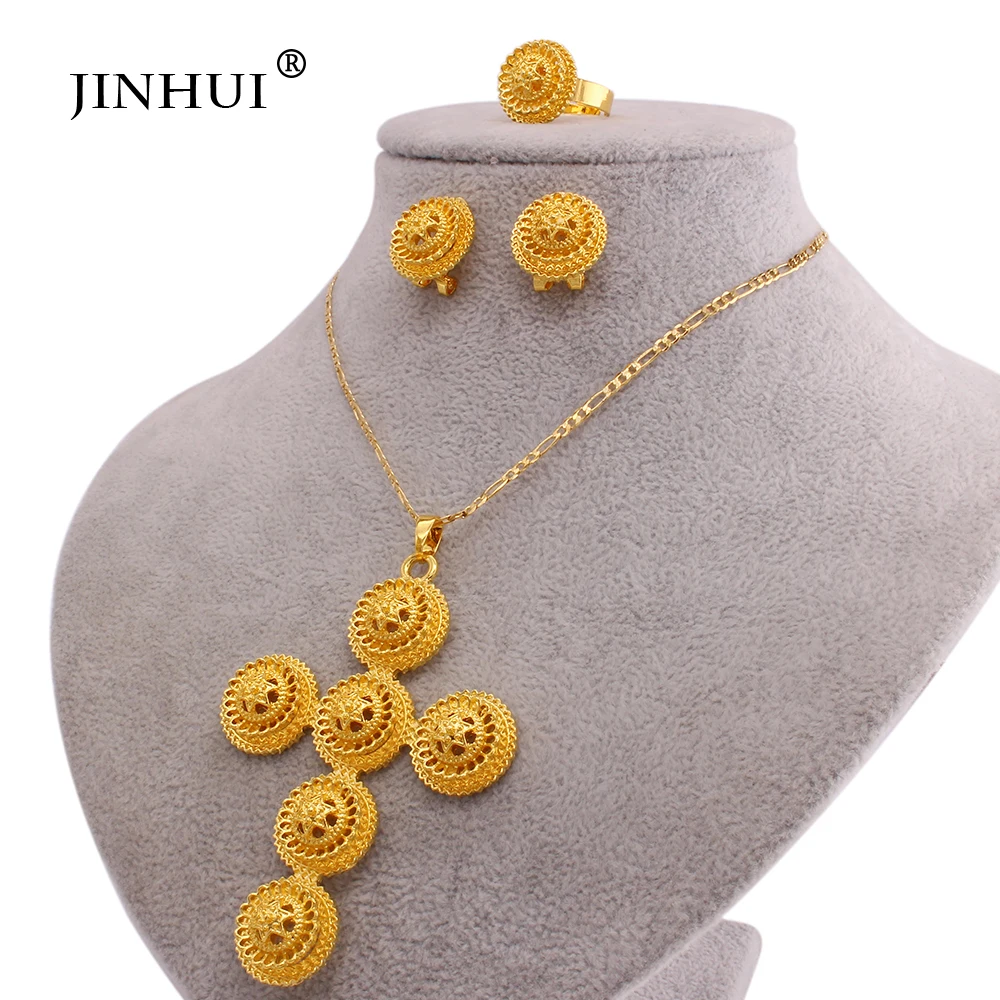 

Ethiopia gold filled bridal cross valentine minimalist Jewelry necklace earrings set wedding jewellery sets gifts for women