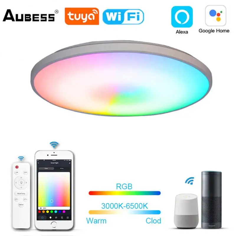 

Современный умный светодиодный светильник с Wi-Fi, потолочная лампа RGB + C + W с регулируемой яркостью, музыкальный Домашний Светильник с дистан...