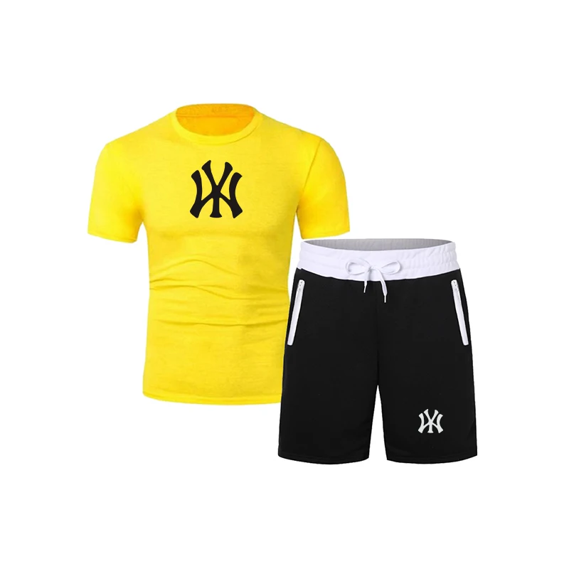 

Популярная новинка 2022, модная одежда, Хлопковая мужская футболка и спортивные шорты, костюм из высококачественного хлопка для бега и заняти...