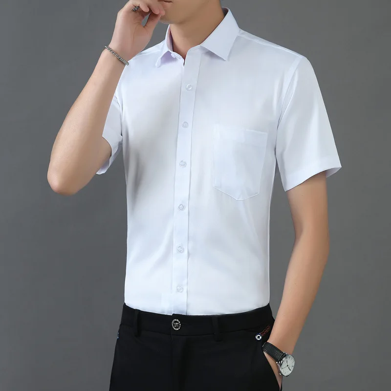 Solid Color Short Sleeve Shirt Male Trendy Slim Fit Brand Tops Summer Ice Silk Anti-wrinkle Non-iron Shirt Men's Business Casual