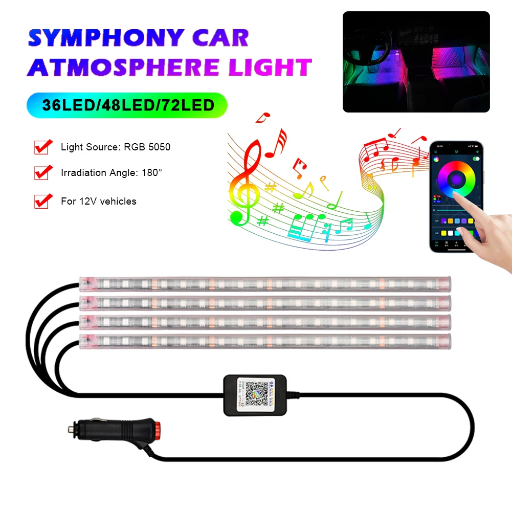 

4In1 RGB LED Car Interior Ambient Foot Light Backlight with USB App Music Wireless Control Neon Auto Atmosphere Decorative Lamps