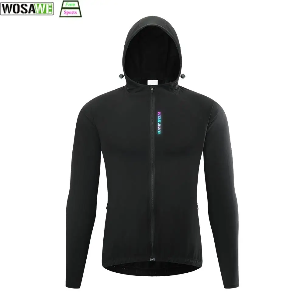 

WOSAWE Men's Windproof Cycling Jackets Black Hooded Reflective Windbreaker Bike Waterproof Jersey Long Sleeve Mtb