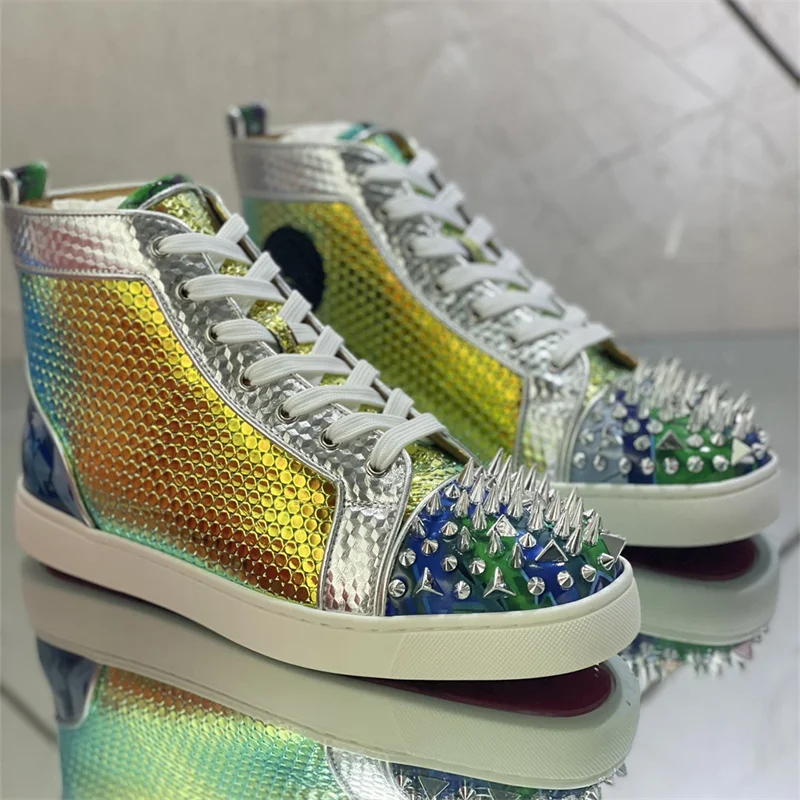 

High Top Fashion Brand Fashion Fish Scale Handsome Super Beautiful Nail Shoes Spring And Autumn Luxury Crystal Red Bottom Men