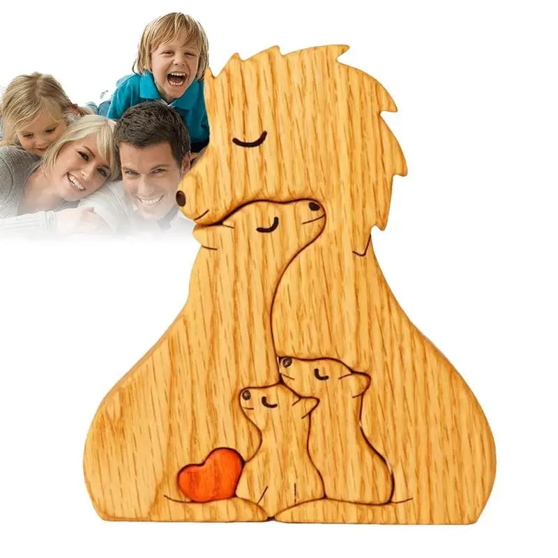 

Wooden lion Family Puzzle Statue Desktop Ornament Heart Shaped Family Puzzle Creative Mother's Day Mom Gifts Home Decoration