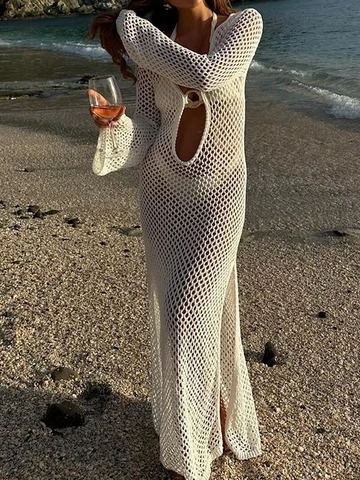 Белое трикотажное ажурное бикини, женское летнее прозрачное свободное Пляжное Платье макси с высокой талией для праздника, трикотажное платье
