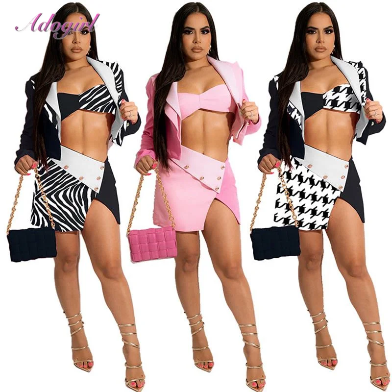 

Элегантный комплект из 3 предметов с принтом «гусиная лапка», Женский костюм из блейзера и юбки, повседневный жакет без бретелек с длинным р...