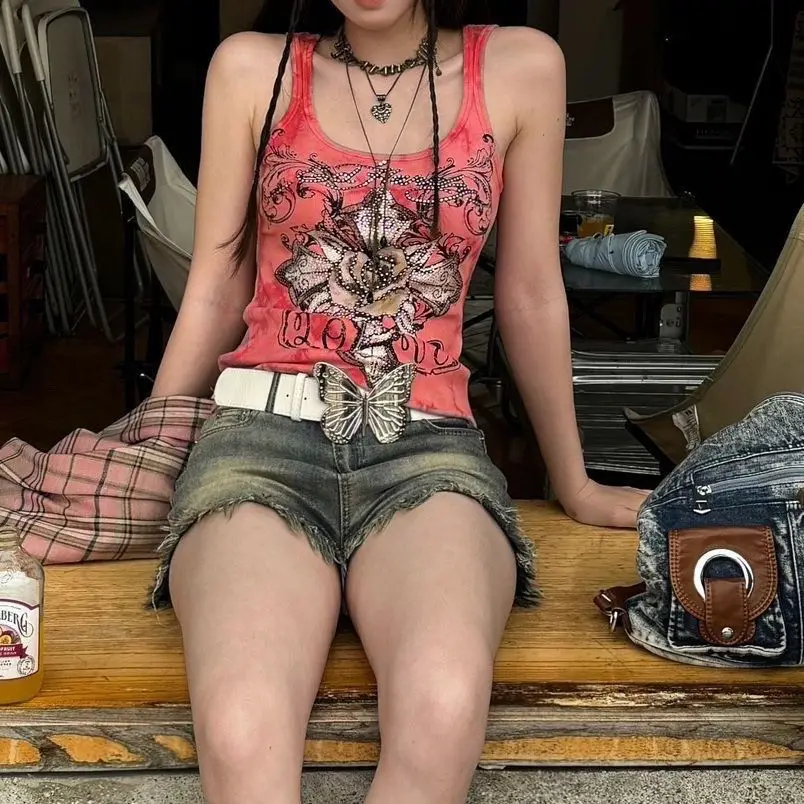 Y2k розовые кокетливые футболки женская одежда с цветами и стразами шикарные топы