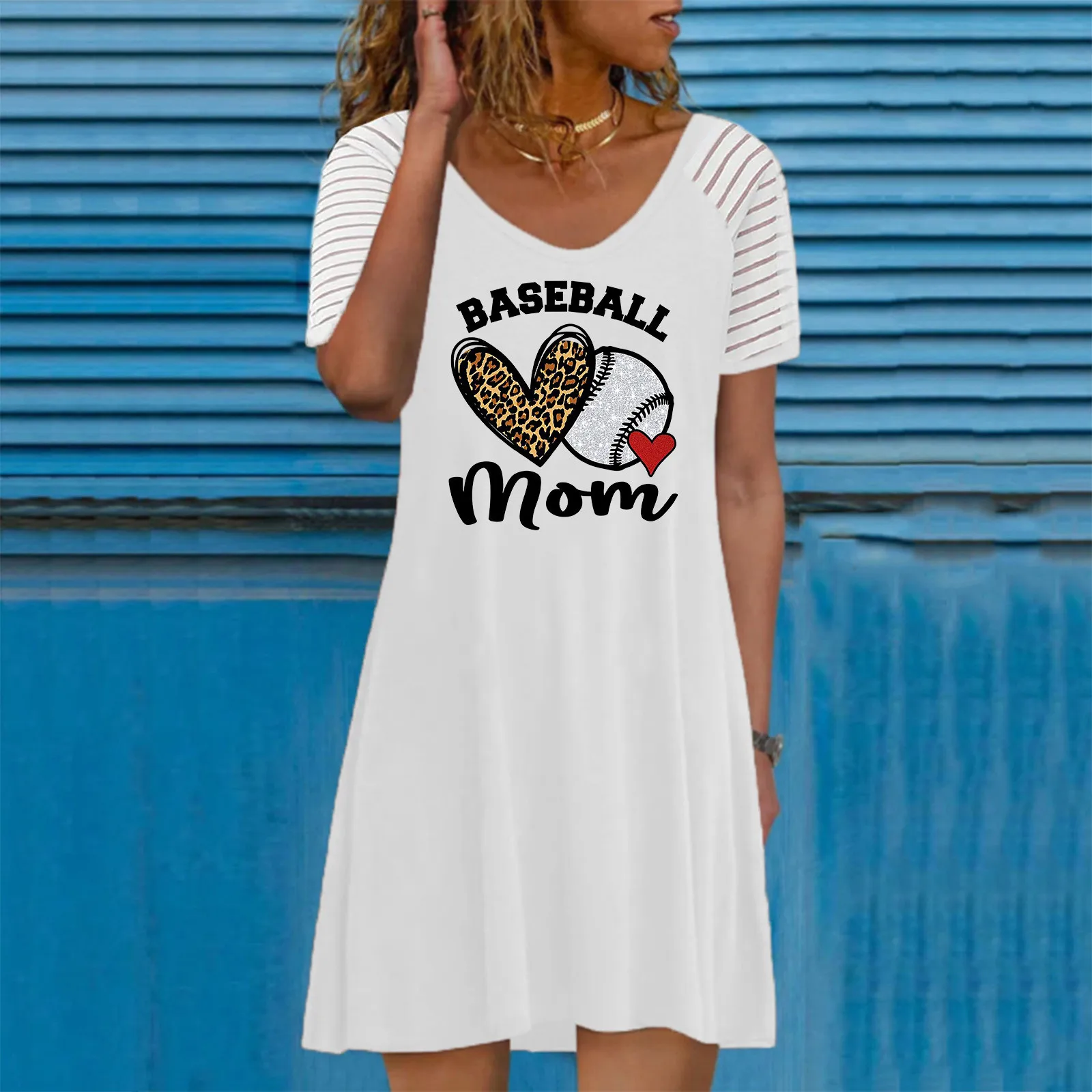 

Womens Summer Casual Print Short Sleeve Crewneck Dress Casual Short Dress Long Cotton Dress