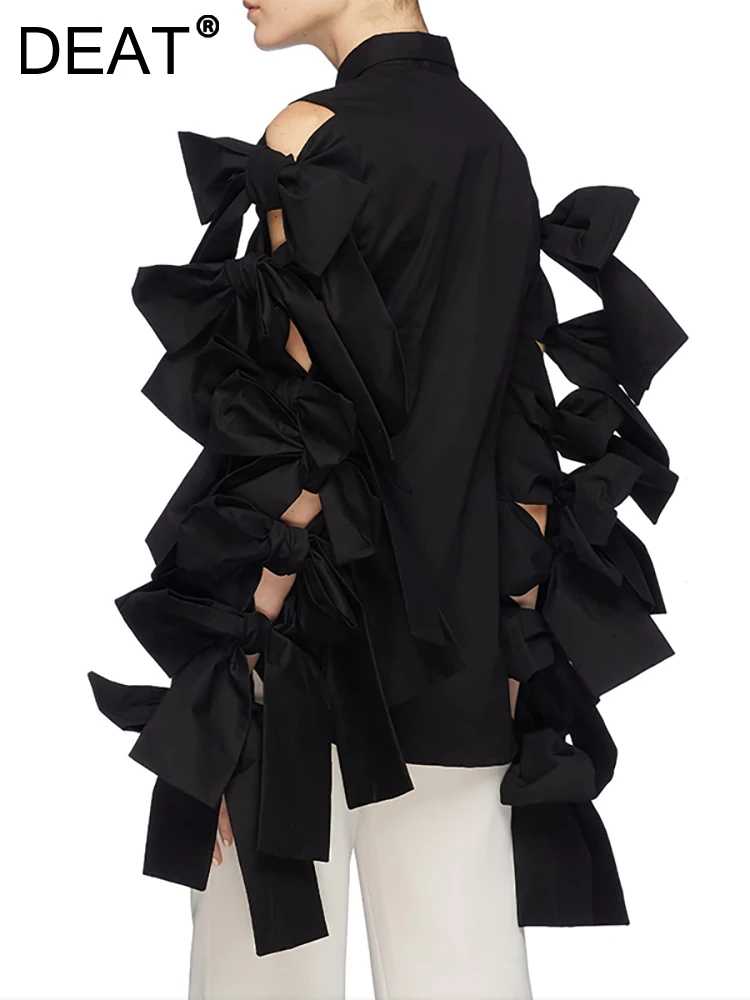 

Женская рубашка с отложным воротником DEAT, черная ажурная блузка с длинным рукавом и соединением с бантом, весна 2023