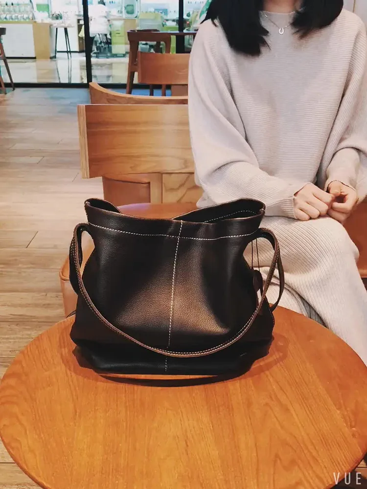 FIRMRANCH Soft Cowhide Simple Handmade Shoulder Bucket Fashion Women's Skew Straddle Bag Large Capacity Cross Pouch Original