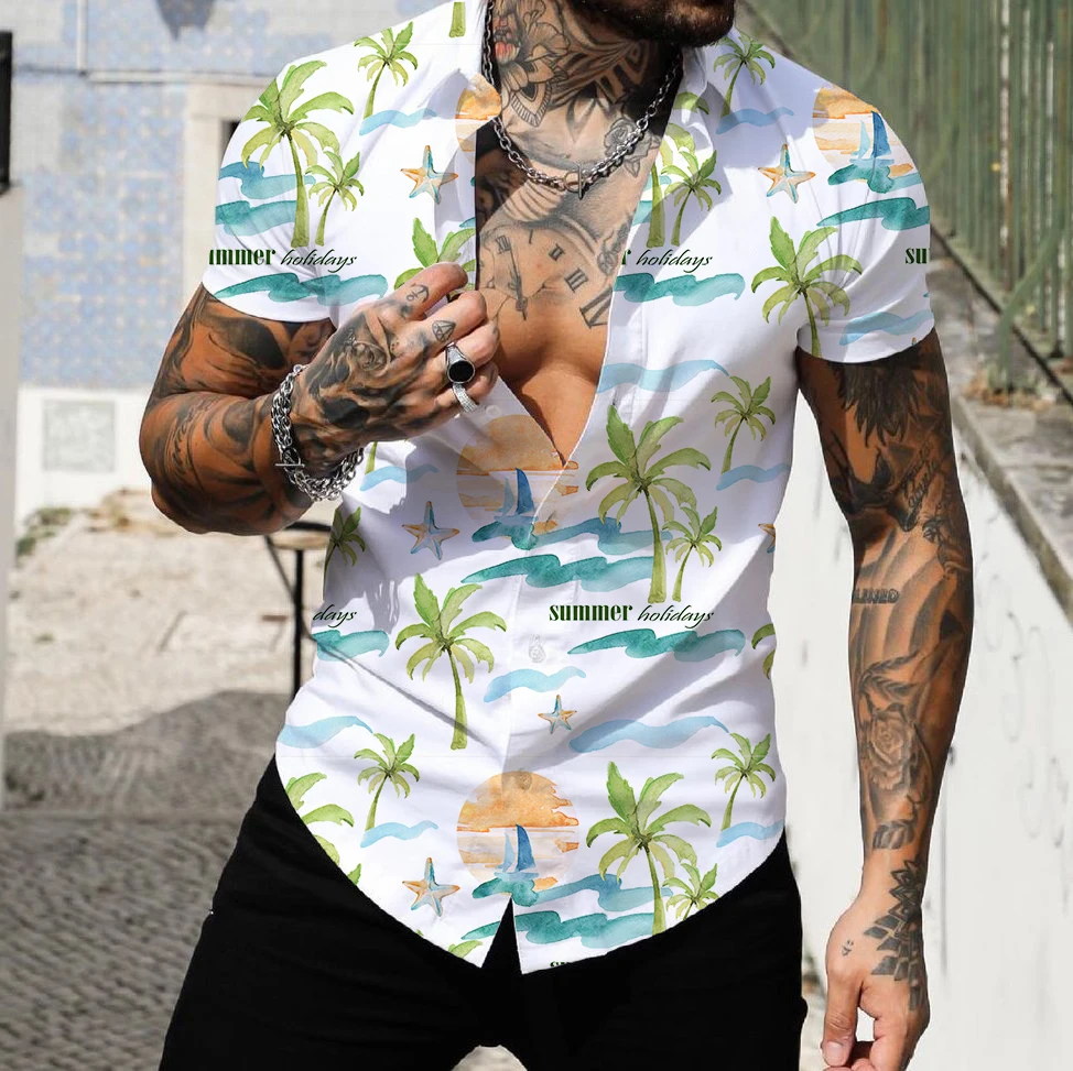 

2022 summer new short-sleeved shirt floral print 3D Hawaii beach vacation fashion trend green leaf breathable shirt
