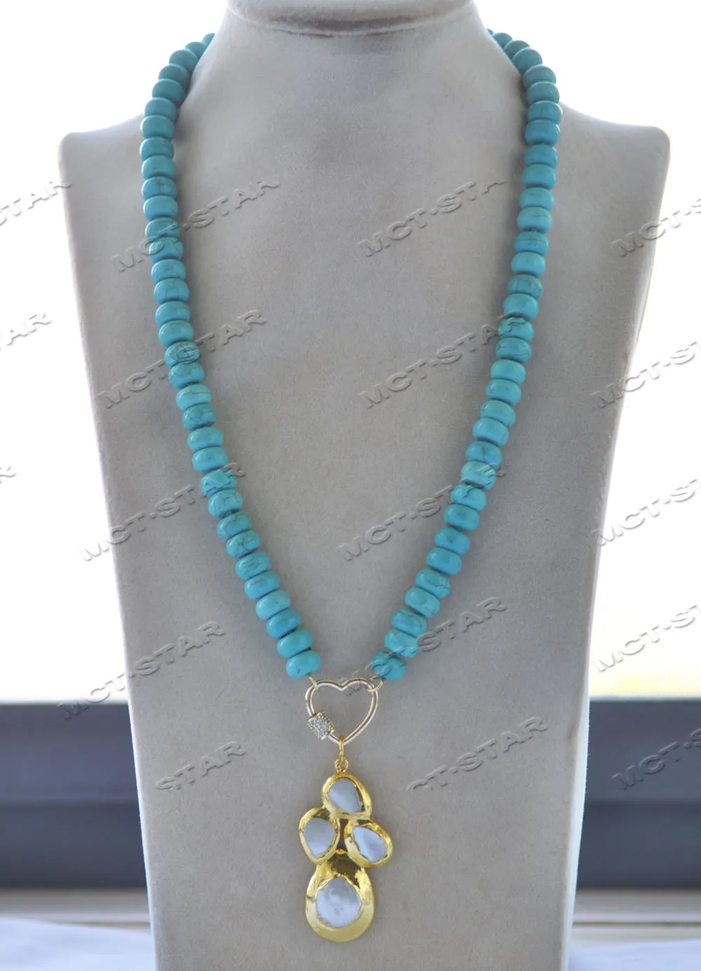 

MCT·STAR Z12300 20" 45mm Blue Rondelle Turquoise White Pearl Pendant Necklace