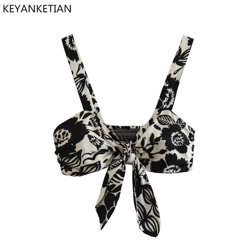 

KEYANKETIAN Summer New Ink Painting Printed Lace-Up Style Bra Vest Women's Retro Beach Wear Ultra Short Style Suspender Top
