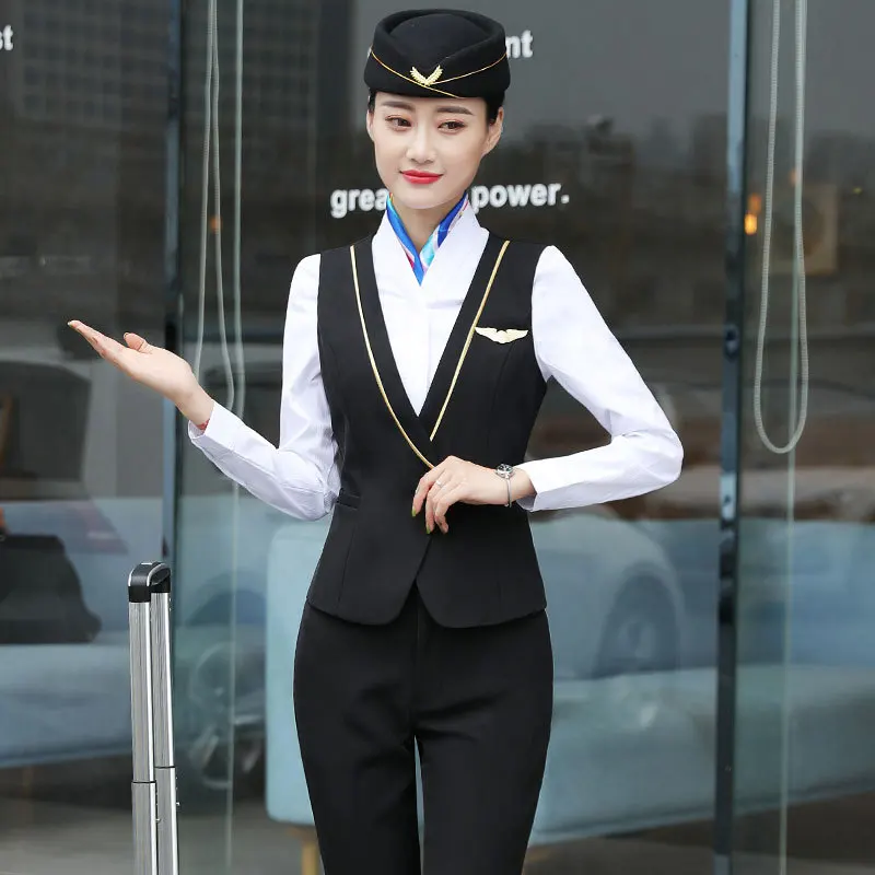 IZICFLY New Style Red Waistcoat And Pants Set For Woman Suits Office Vest Elegant Slim Business Airline Stewardess Work Wear