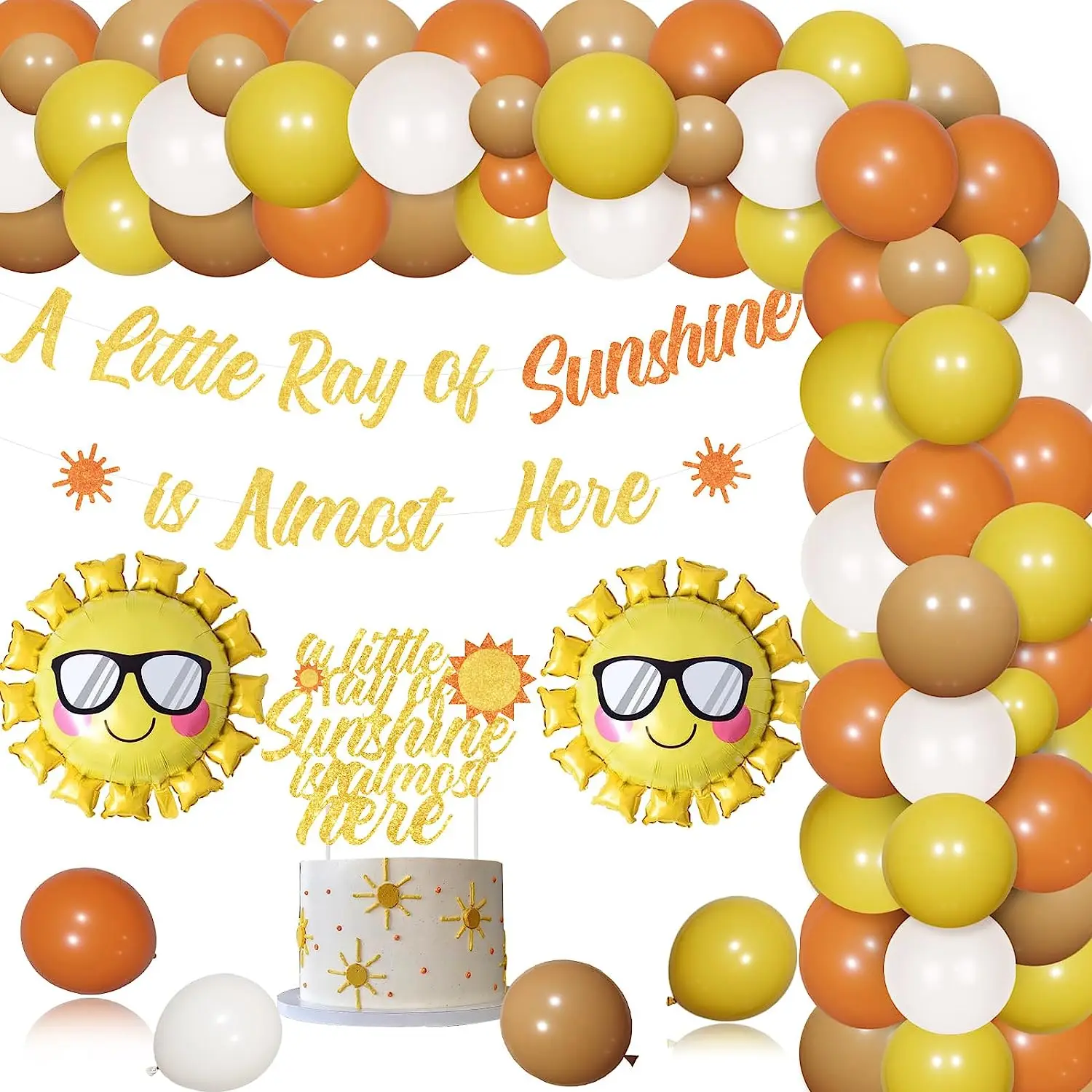 

Sunshine Baby Shower Party Decorations A Little Ray of Sunshine Is Almost Here Banner Cake Topper Sun Theme Balloon Garland Kit