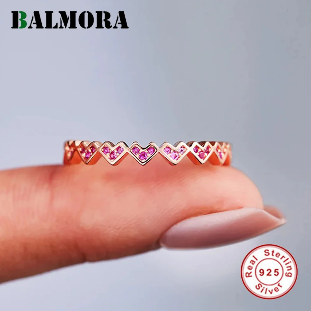 

BALMORA S925 Silver Romantic Pink Love Heart Zircon Rings For Women Simple Fashion Trendy Wedding Statement Anillos Jewelry Gift