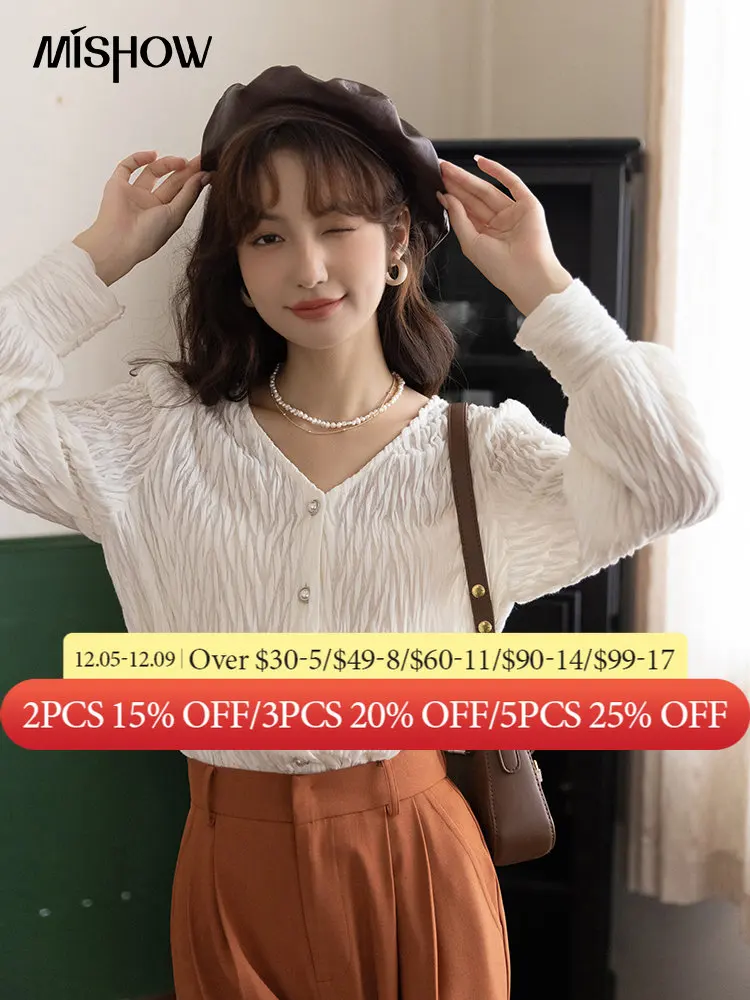 

MISHOW Elegant Women Shirts Autumn Korean Solid Vneck Folds Puff Long Sleeve Single-breasted Blouses Office Lady Tops MXB31X0335