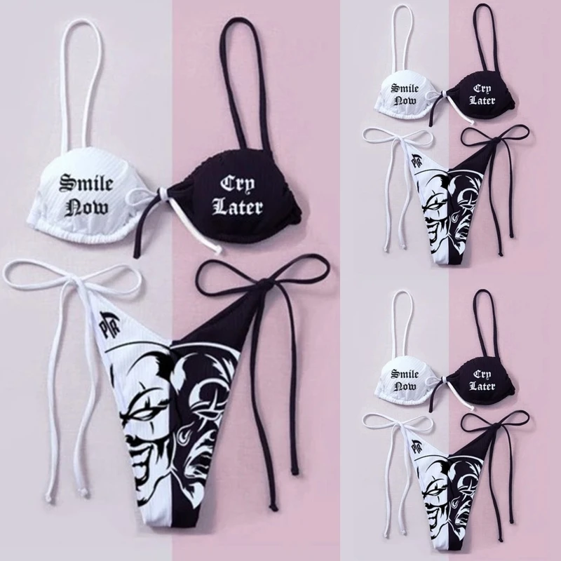 

Summer Women Split Swimsuit Set Ladies Sexy Demon Print Deep V-neck Bikini Elastic Waist Panties Bikinis Party Set 24BD