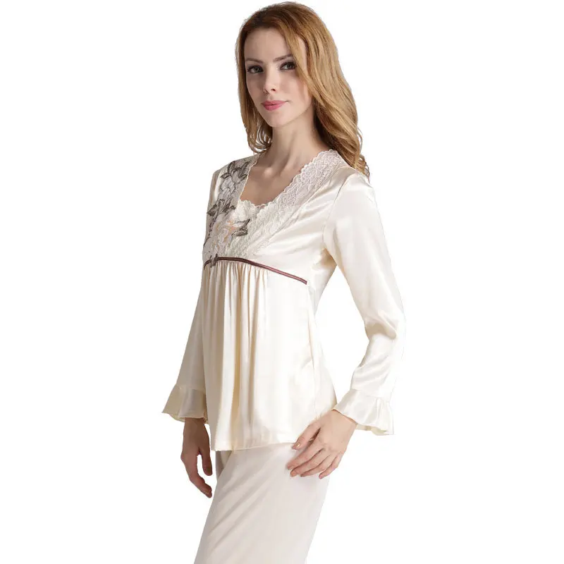 Lace Silk Pajamas Women Sleepwear Satin Pyjama Set Spring Autumn Pullover Lounge Set Long Sleeves Home Clothes with Embroidery