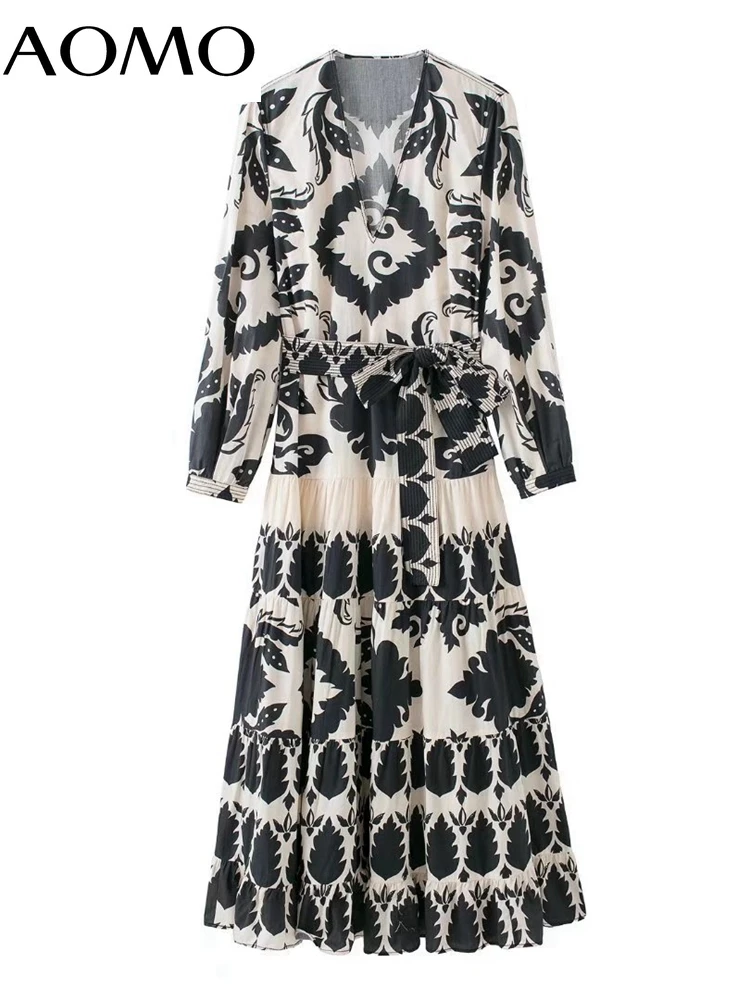 

AOMO 2022 Fashion Women Retro Flowers Print Long Dress Long Sleeve V Neck Ladies Maxi Dress 3H462A