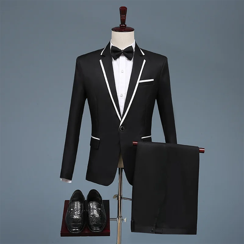 New Men's Suit Two-piece Korean Version Slim White Professional Groomsman Groom Dress Send Bow Tie Suit Men's Clothing Homme