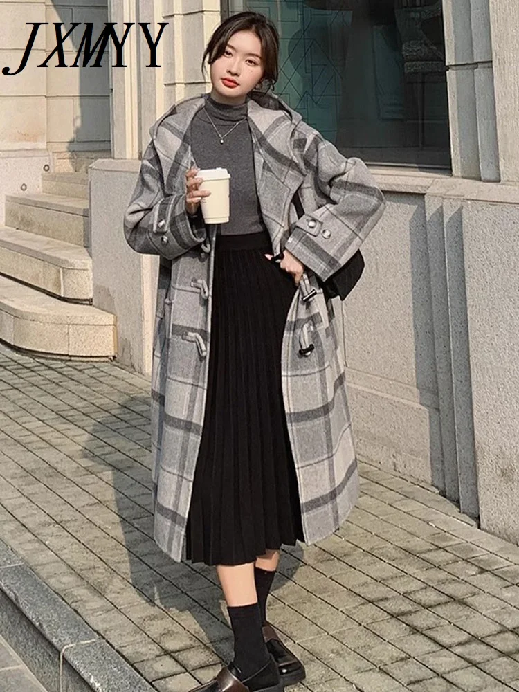 

Модное винтажное шерстяное пальто JXMYY в шотландскую клетку для женщин 2023 осень/зима корейское свободное дизайнерское шерстяное пальто