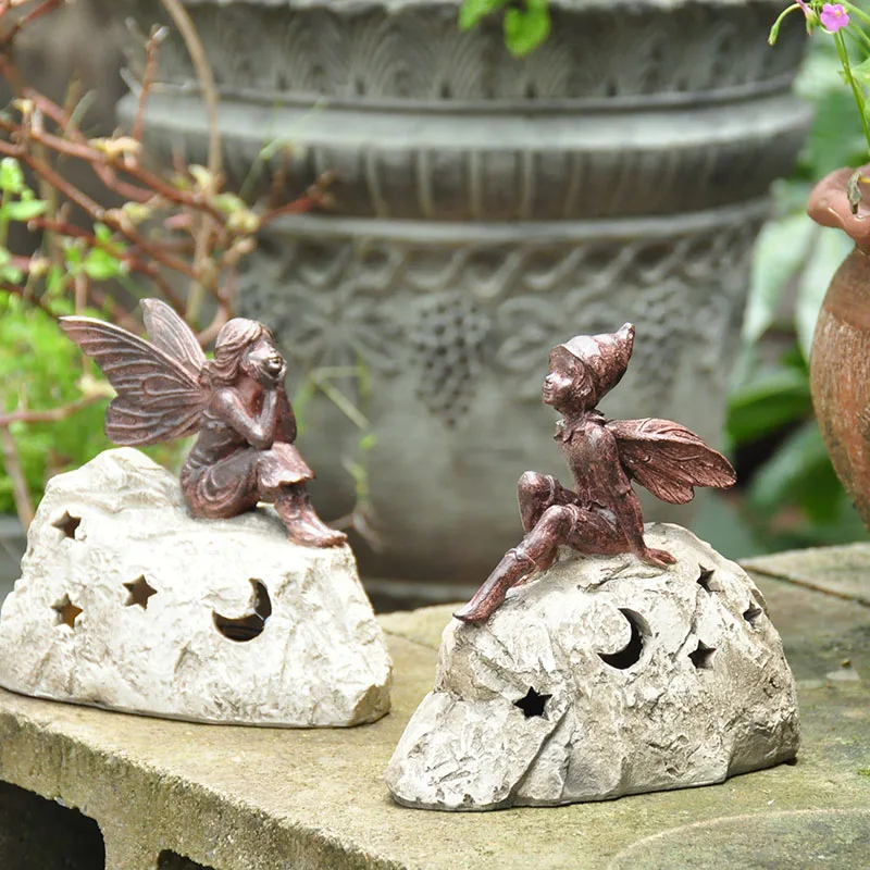 

Postotal Retro Antique Solar Energy Flower Fairy Angel Figurines Cute Elf Girls Resin Angel Figurine Soutdoor Garden Decor