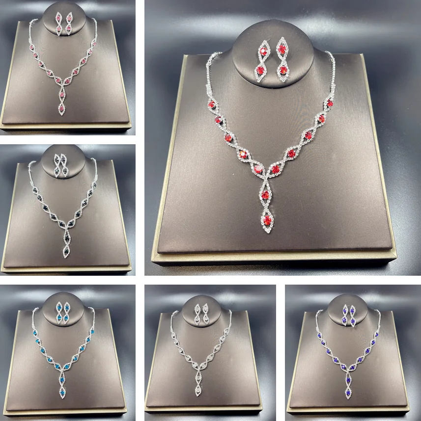 

Women's Jewelry Set Two Piece Fashion Shiny Drop Necklace Earrings Rhinestone Set Decorations Attend Banquet Jewelry Wholesale