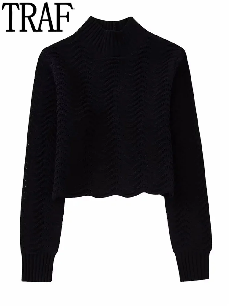 

TRAF Black Sweater Women Winter Knitted Cropped Sweaters For Women Chenille Turtleneck Jumper Woman Long Sleeve Knit Pullovers