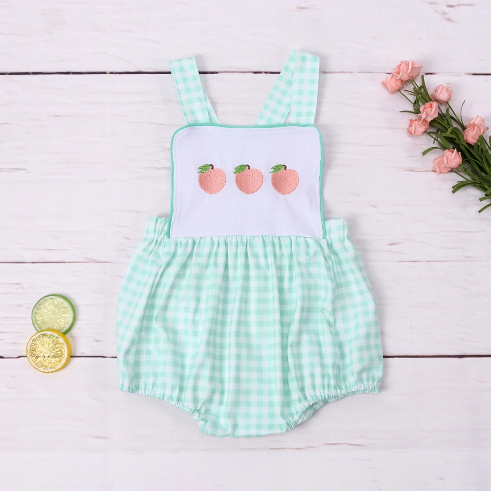 

New Born 0-3T Jumpsuit Baby Boy Clothes Peach Embroidery Bubble Infant Mint Romper Sleeve Babi Short Bodysuit Lattices Outfit
