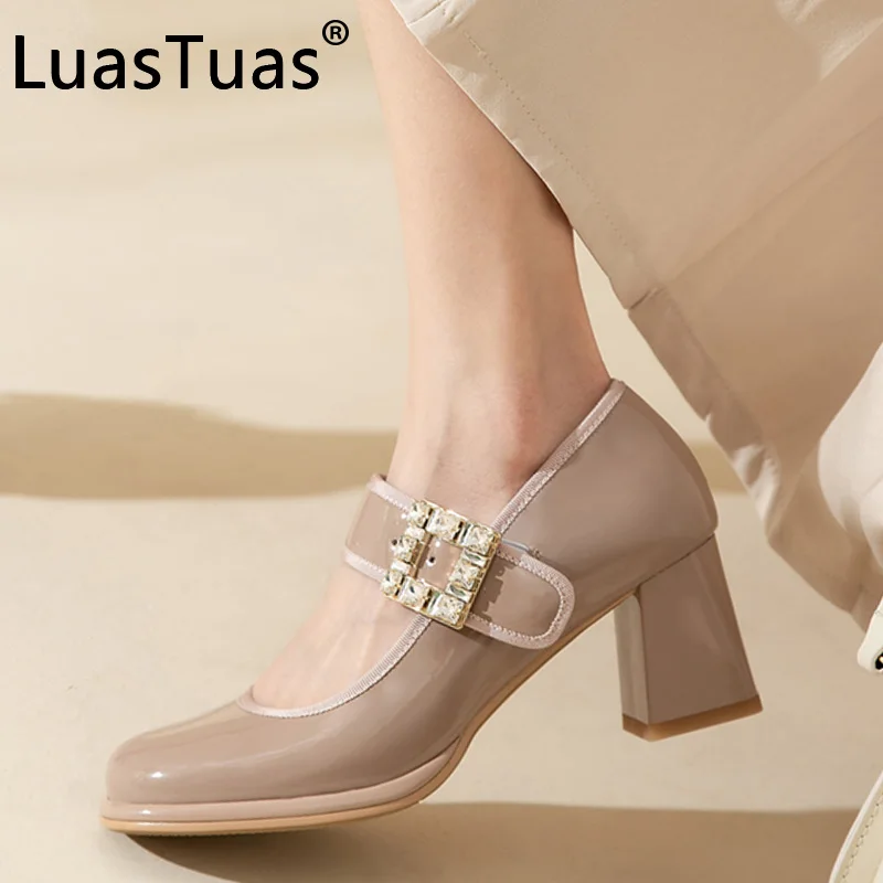 

LuasTuas New Women High Heel Shoes Real Leather Crystal Buckle Square Heel Pumps Ladies Fashion Party Club Shoes Size 34-39