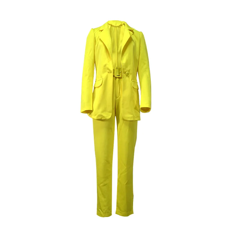 Big Sashes Office Blazer Suit Two Piece Set Women Solid Color Single Button Casual Commute Blazer High Waist Pants Suit Trousers