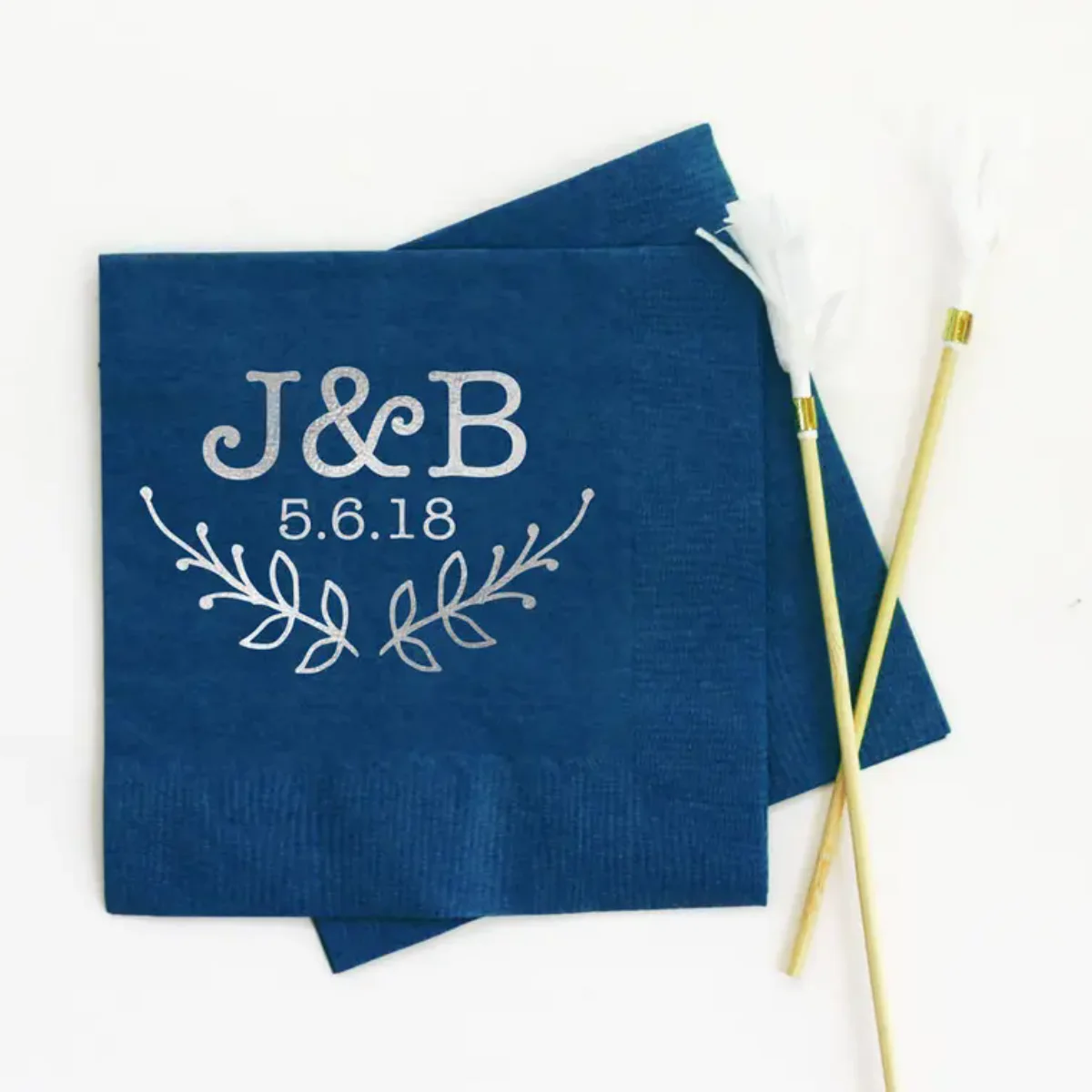 50pcs Monogram Wedding Napkins Personalized Navy Blue and Silver Party Supplies Monogrammed Cocktail Rehearsal D